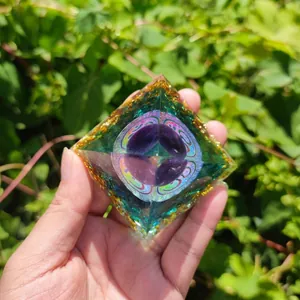 Handmade Orgone crystal pyramid with amethyst ball and gold foil resin base