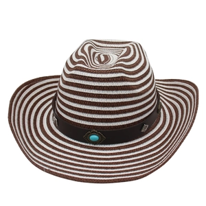 Western Cowboy Straw Hat Striped Wide Brim Sun Hat With Turquoise Leather Band And Wind Rope Vintage Beach Fedora Unisex