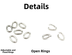 Detail view of oval stainless steel jump rings in closed and open configurations for DIY jewelry