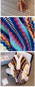 Close-up of bohemian knit poncho featuring colorful wavy patterns and soft white fur collar