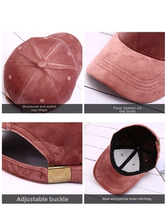 Detailed views of pink velvet baseball cap featuring sturdy stitching and metal buckle