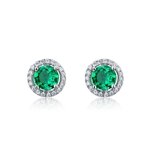 Orecchini a lobo in argento S925 con smeraldo rotondo e alone di diamanti brillanti