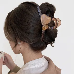 Large amber resin heart shark clip for women's hairstyle with gradient cream yellow finish