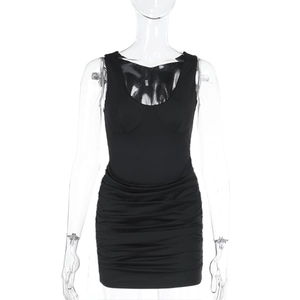 Detail view of black ruched mini dress with sleeveless design and bodycon fit for women
