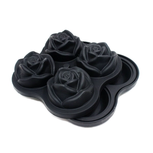 Black food-grade silicone ice cube tray set with four 3D rose flower molds and lid