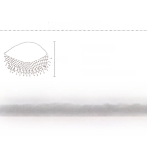 Detail specifications for silver rhinestone tassel necklace with copper base and mesh design