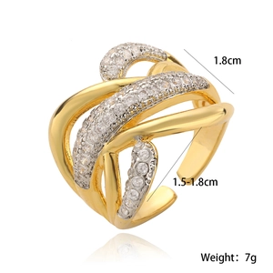 Modern layered two-tone geometric open ring with white zircon stones on white background
