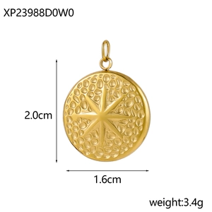Macro shot of gold angel pendant with starburst relief detailing and exact measurements