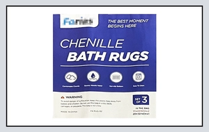 Detail view of Chenille bath rugs packaging showing set of 3 water absorbent mats