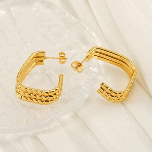 Ins style layered gold stainless steel C-shaped twisted rope hoop earrings for women
