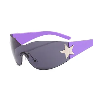 Y2K style oversized shield sunglasses with purple frames and silver star details