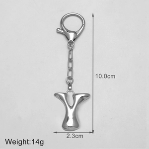 Detail view of silver letter Y keychain with dimensions 10.0cm height and 2.3cm width