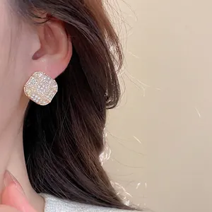 French vintage gold square micro-paved stud earrings with sparkling diamonds for women