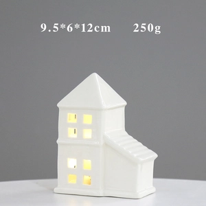 Detailed view of white ceramic house decor with size 9.5x6x12cm and 250g weight specs