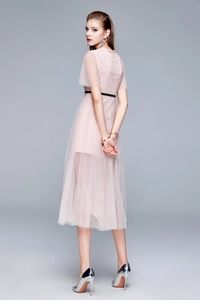 Robe longue en tulle rose pâle à manches courtes avec ceinture noire vue de dos profil