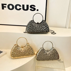 Women Evening Clutch Bag Metal Hammered Texture Hard Shell Round Handle With Chain Strap Elegant Party Handbag