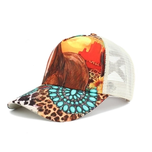 Western trucker hat featuring horse silhouette print and leopard pattern brim