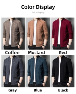 Men's cable knit cardigan grid showing six colors with stand collar and zipper detail