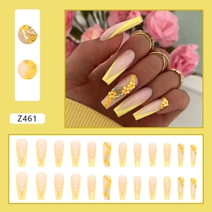 French cream long coffin press-on nails with 3D yellow flowers and hollow butterflies