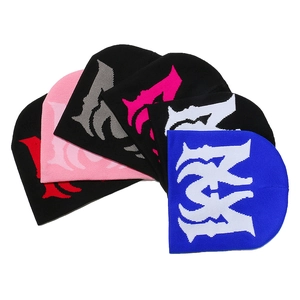 Winter outdoor warm knitted beanie hats with gothic jacquard lettering in multiple colors