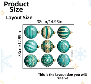 Layout of Christmas wall stickers with 9 green and gold bauble designs in PVC material