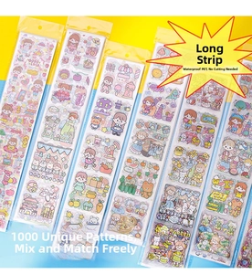 Detail showing waterproof PET sticker rolls with cartoon motifs and pre-cut design