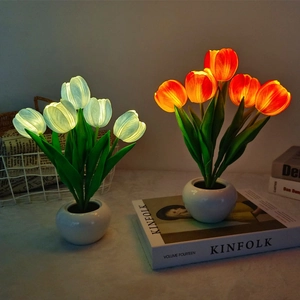 Detail of 5-head tulip night lamp with warm and cool light in ceramic style pot