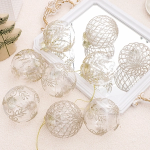 Set of 9 transparent 8cm PET Christmas balls with gold glitter patterns for tree decor