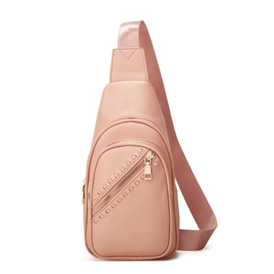 Pink lychee texture faux leather crossbody chest bag with golden metal zipper detail