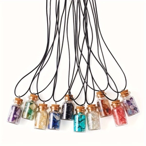 Wishing Bottle Necklace Natural Crushed Stones Healing Crystal Glass Bottle Cork Stopper Black Wax Rope Bohemian Jewelry Women Men