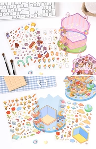 Macro detail of high-quality 3D cartoon scene stickers with animals and home decor