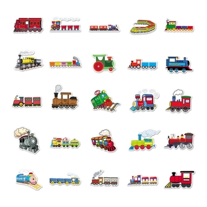 Detailed view of 25 colorful cartoon train waterproof stickers in a neat grid layout