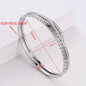 Detailed measurements of silver stainless steel bangle with Greek key pattern and zircons