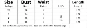 Detailed size chart for off-shoulder maxi dress showing bust and length measurements