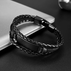 Men's double-layered black woven leather bracelet with rectangular metal plate and magnetic clasp
