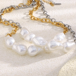 Baroque irregular pearl necklace with gold and silver stainless steel mixed chain