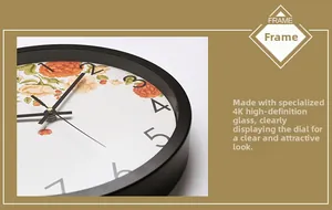 Detail of silent wall clock featuring high-definition 4K glass and floral dial design