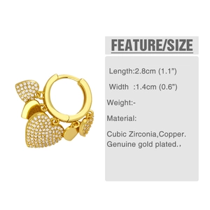 Detail view of heart drop earrings with gold plating and cubic zirconia cubic zirconia