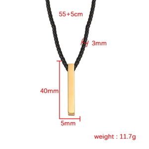 Titanium steel rectangle bar pendant on black braided rope necklace for men and women