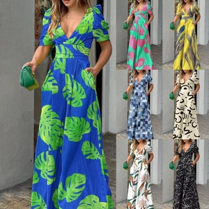 Women Elegant Floral Print Jumpsuit Wide Leg V Neck Puff Sleeve High Waist Commuter Casual Long Pants With Pockets