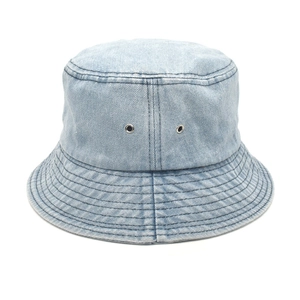 Detailed close-up showing twill texture and stitching of a light blue denim bucket hat