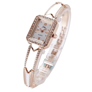 Women's rose gold square watch with rhinestone bezel and hollowed bangle strap