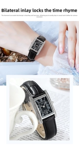 Detail showing vintage rectangular quartz watch with diamond accents and black leather strap
