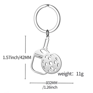 Polished silver stainless steel pickleball racket keychain with size 42mm and weight 11g