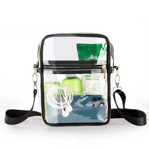 Detailed view of clear PVC crossbody bag showing main zipper and front pocket storage