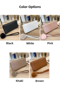 Five long quilted wallets in black, white, pink, khaki, and brown with fur pompom charms