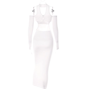 Detail of white halter neck top with metal ring buckle and waist cut-out feature