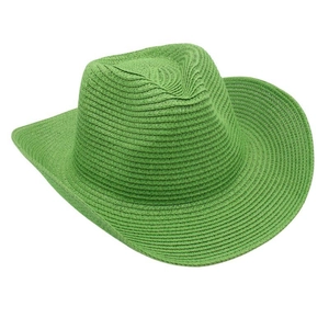 Close-up of green woven straw cowboy hat showing detailed texture and rolled brim style