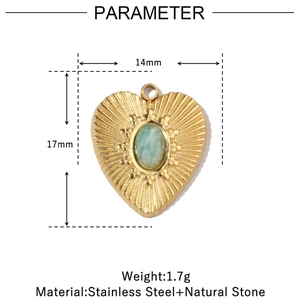 Detail of a 14mm heart pendant in 14k gold finish with green natural stone parameters