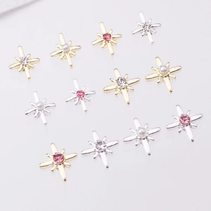 Star-shaped alloy nail charms with gold silver plating and colorful rhinestones